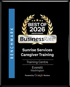 BusinessRate Best of 2026 award plaque for Sunrise Services Caregiver Training, Everett, Washington.